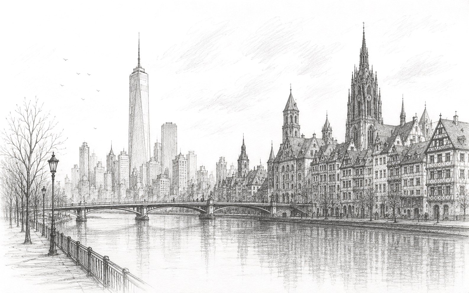 Hand-drawn pencil cityscape — New York left, Frankfurt right